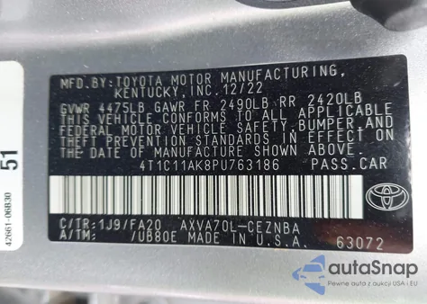 2023 Toyota Camry Le из США, поврежденный, VIN 4T1C11AK8PU763186